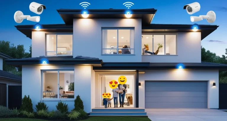 A modern family home secured with smart security cameras, motion-activated outdoor lights, and reinforced locks on doors and windows. The image highlights a safe, well-protected environment with a focus on home security measures that provide peace of mind.